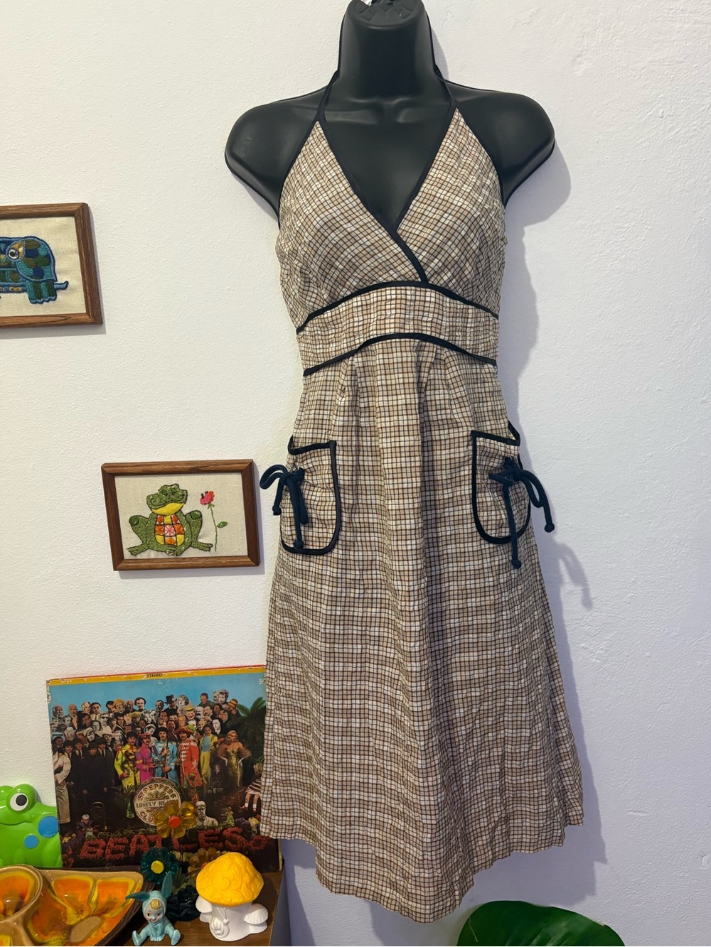 Vintage Taupe Plaid Halter Midi Dress with Navy Trim